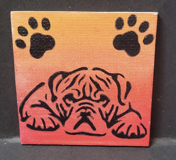 Canvas Fridge Magnet Sunset With Black Bulldog and Pawprints Silhouette
