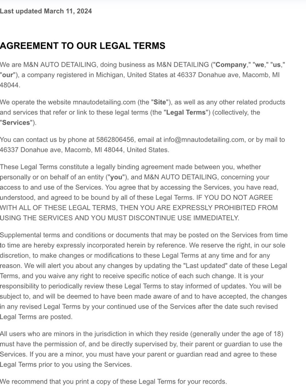 Terms and conditions | M&N AUTO DETAILING