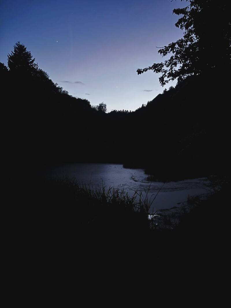 Black of night, nightsky, lake in the forest, black and white desaturated nature picture, Handlová, Slovakia