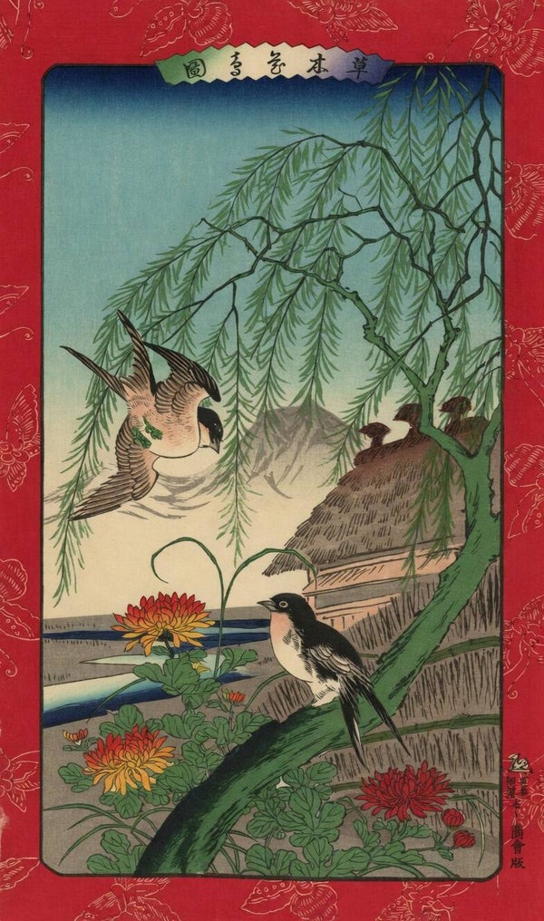 Ilustración original japonesa - Golondrinas en sauce con tejado de paja y crisantemos (26 × 19 cm)