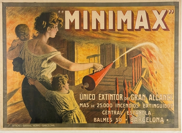 Cartel publicitario antiguo "Minimax" – Extintor de incendios (Barcelona, 100x70 cm) Litografía.