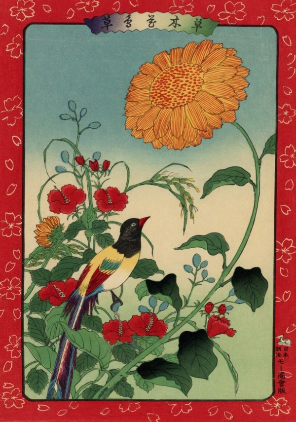 Ilustración original japonesa - Pájaro de larga cola con girasol y hibiscos (26 × 19 cm)