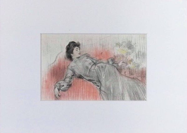 Mujer Reclinada - Serie Rêveuses (Soñadoras) - Ramón Casas, Postal anterior a 1905. Moda.