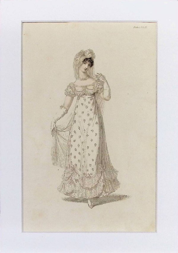Plate 6 Vol. IX - Elegante Dama con Turbante y Vestido de Noche, Grabado Coloreado a Mano, Principios Siglo XIX. Moda.