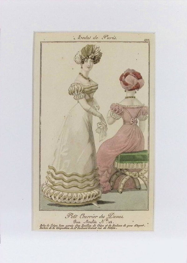 Modes de Paris - Petit Courrier des Dames Nº 190 - Damas con Turbantes y Vestidos de Crêpe, 1830s. Moda.