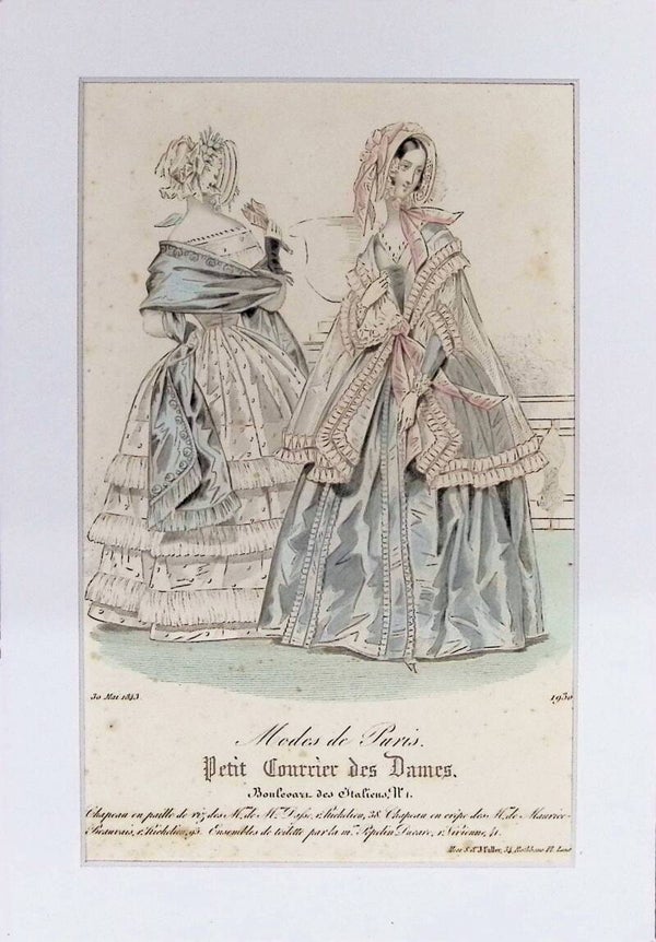 Modes de Paris - Petit Courrier des Dames, 30 Mayo 1843 - Damas con Capotas y Mantones. Moda.