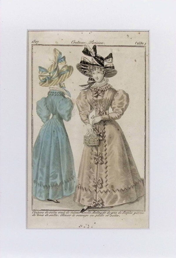 Costume Parisien 1827 - Dos Damas en Trajes de Moda con Sombreros - Grabado Coloreado a Mano. Moda.