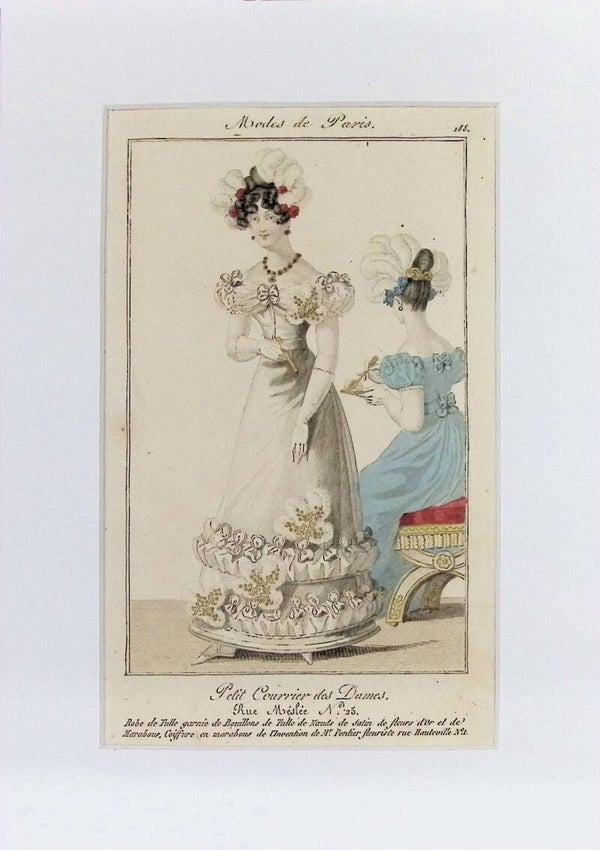 Modes de Paris 188 - Petit Courrier des Dames | Robe de Tulle con Bouillons y Marabú (1828). Moda.