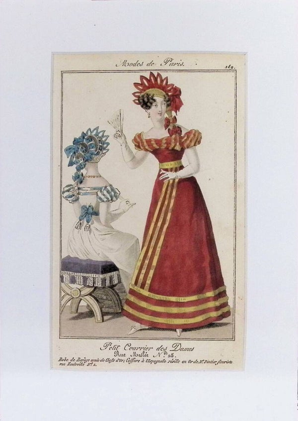 Modes de Paris 189 - Petit Courrier des Dames | Robe de Barège Roja con Adornos Dorados (1828). Moda.