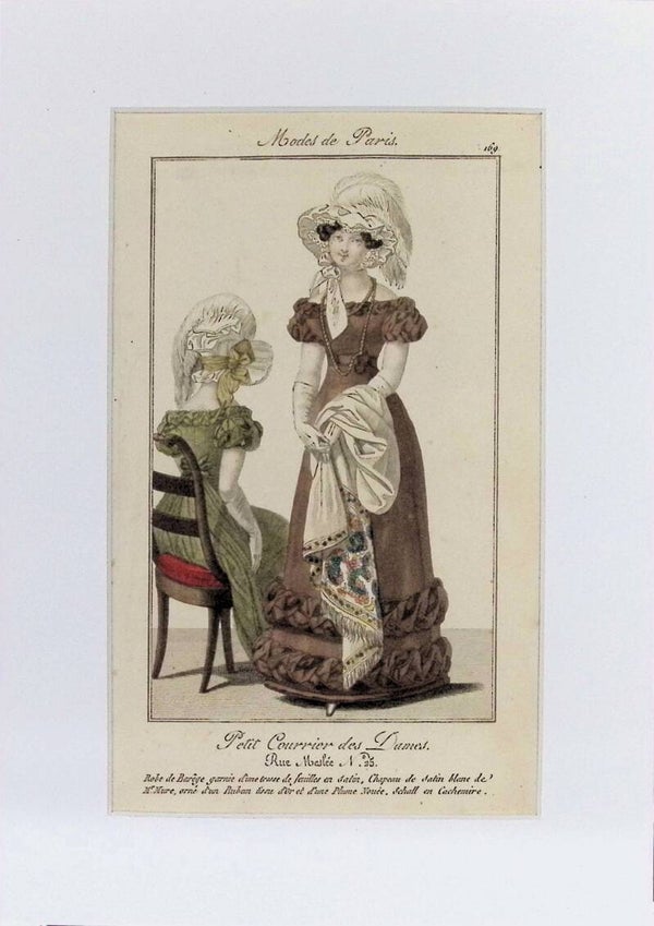 Modes de Paris 169 - Petit Courrier des Dames | Robe de Barège con Chal de Cachemire (Circa 1825-1828). Moda.