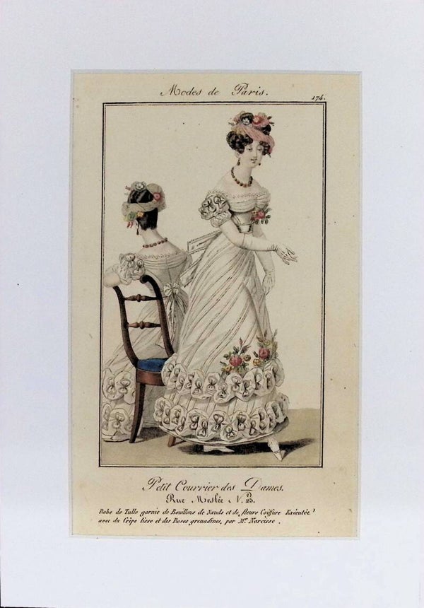 Modes de Paris 174 - Petit Courrier des Dames | Robe de Tulle con Bouillons y Flores. 1823. Moda.