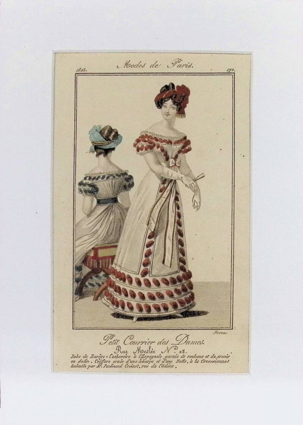 Modes de Paris 172 - Petit Courrier des Dames 1823 | Robe de Barège con Adornos Rojos