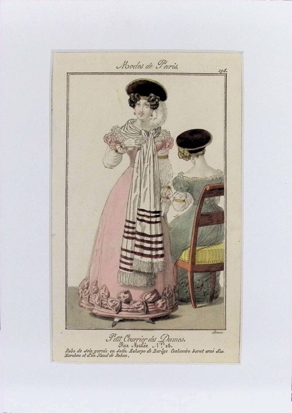 Modes de Paris 195 - Petit Courrier des Dames | Robe de Soie Rose con Echarpe de Barège (Circa 1828-1830). Moda.