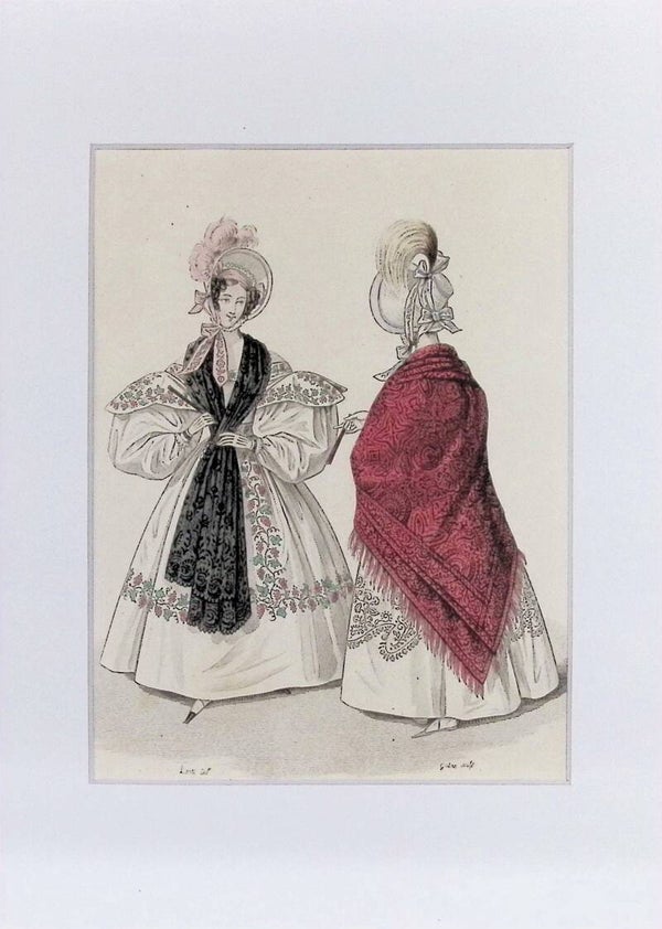 Modes de Paris - Vestido Blanco con Sobretodo Negro de Encaje y Chal Rojo (Circa 1825-1828) | Grabado Original Coloreado. Moda.