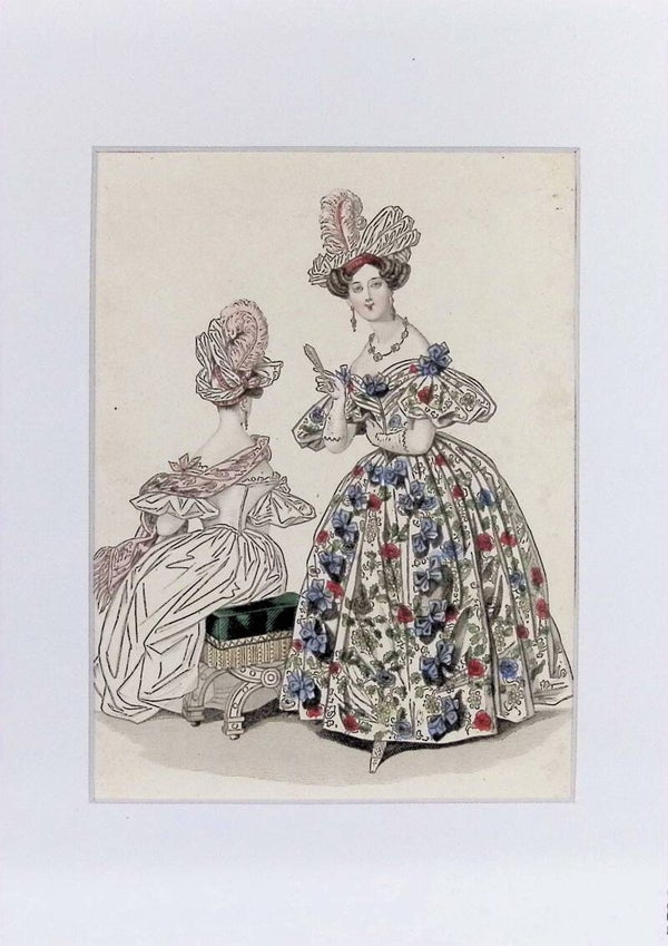 Modes de Paris - Vestido de Gala con Lazos y Plumas (Circa 1825-1830) | Grabado Original Coloreado. Moda.