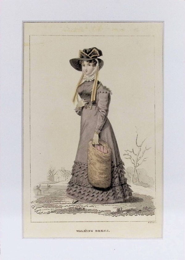 Walking Dress - Grabado Original Coloreado (Circa 1825-1827) | La Belle Assemblée. Moda.