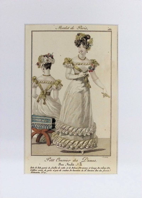 Modes de Paris - Petit Courrier des Dames 183 | Grabado Original Coloreado (Circa 1830-1832). Moda.