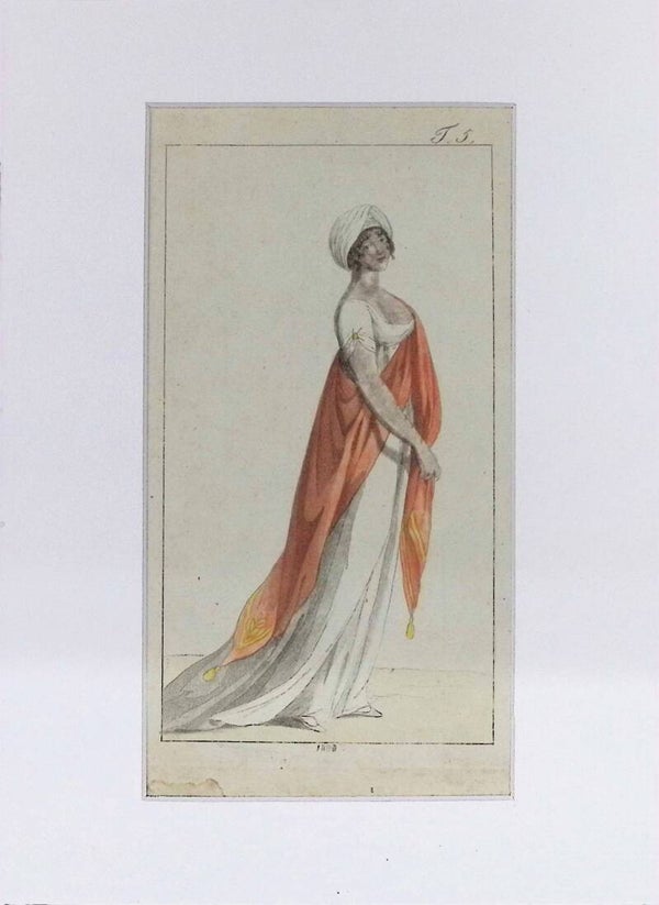 Moda Imperio - Vestido Blanco con Mantón Rojo y Turbante (1809). Moda.