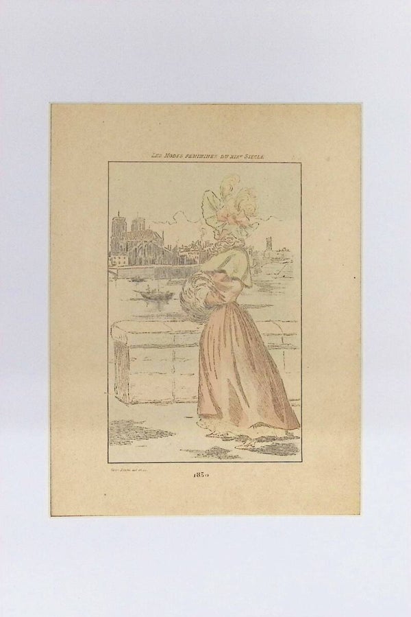 Les Modes Féminines du XIXᵉ Siècle - Pl. (1830) | Dama junto al Sena con Notre-Dame. Moda