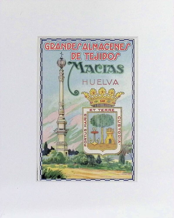 Etiqueta Publicitaria Antigua Grandes Almacenes de Tejidos Macías – Huelva (Principios Siglo XX) Publicidad.