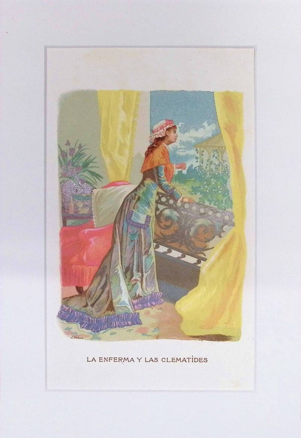 La Enferma y las Clemátides – Cromolitografía de J. Ventura (La Vida de las Flores, 1878) | 32 x 22 cm