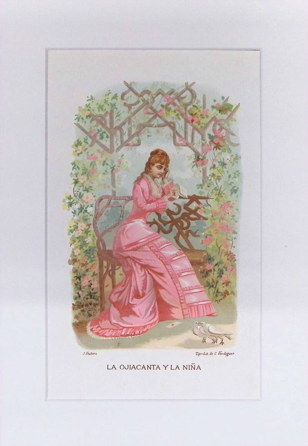 La Ojiacanta y la Niña – Cromolitografía de J. Ventura (La Vida de las Flores, 1878) | 32 x 22 cm