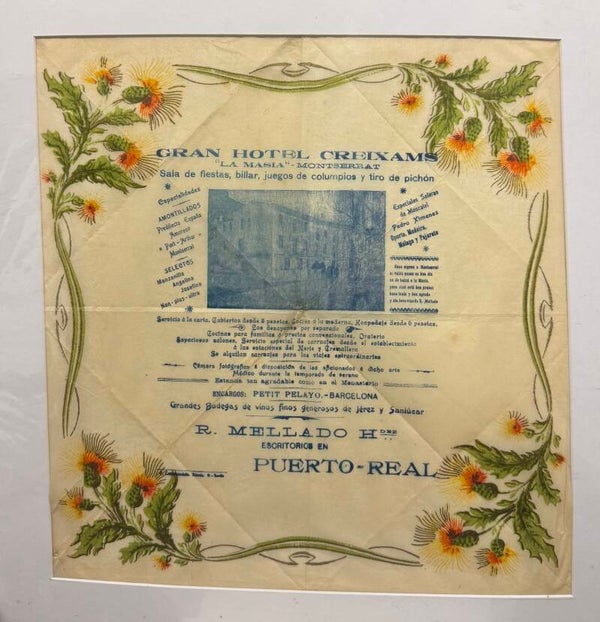 Menú publicitario antiguo del Gran Hotel Creixams "La Masia" – Montserrat (S. XX) 46 x 44 cm.
