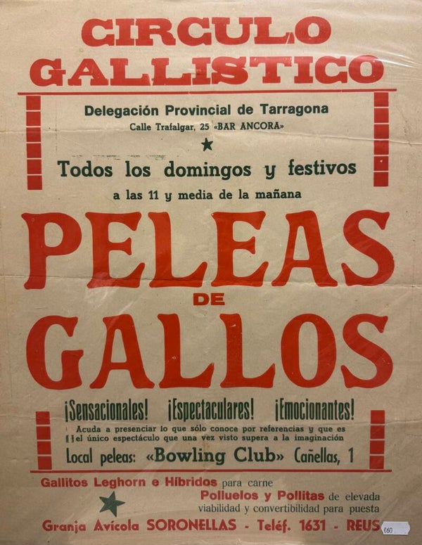 Cartel Histórico de Peleas de Gallos – Círculo Gallístico de Tarragona (Reus/Bar Ancora)50 x 40 cm.
