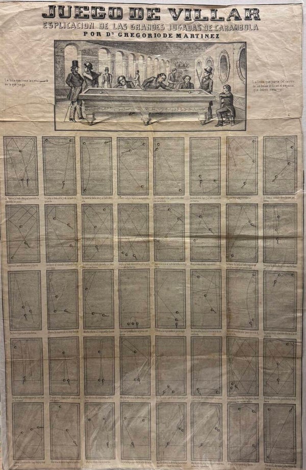 Litografía Histórica del Siglo XIX: "Juego de Villar - Explicación de las Grandes Jugadas de Carambola" por D. Gregorio de Martínez. 60 x 40 cm. BILLAR.