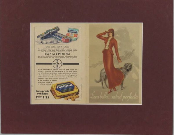 Díptico Publicitario Vintage – Cafiaspirina Bayer + Bombones de Corfina (Años 40-50) Publicidad.