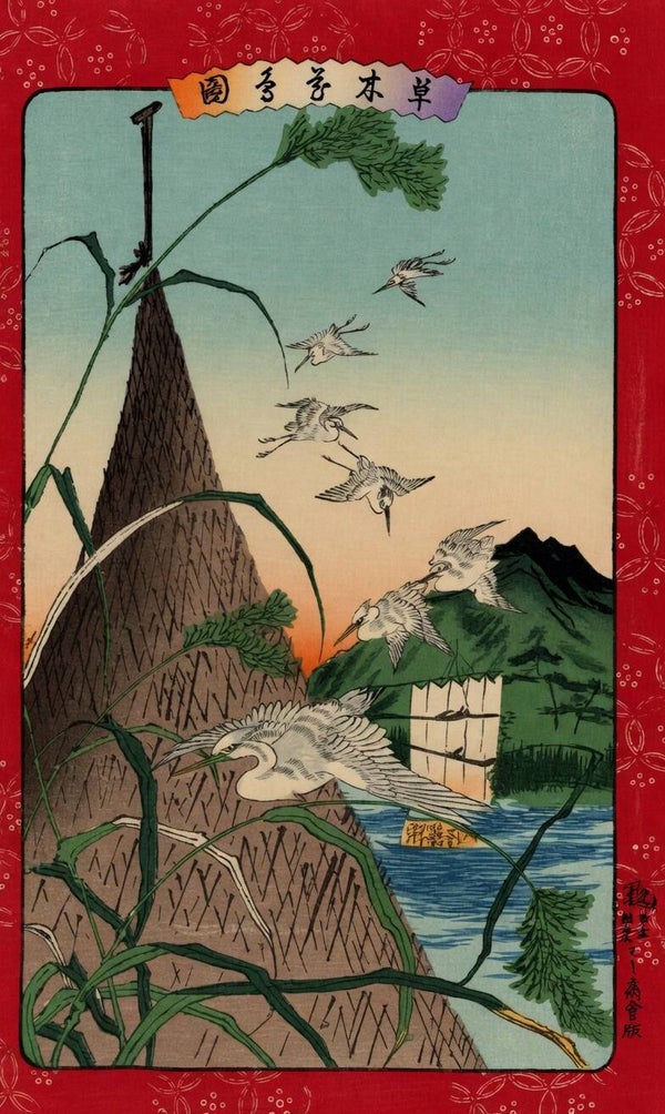 Ilustración original japonesa - Garzas y aves zancudas en paisaje lacustre (26 × 19 cm)