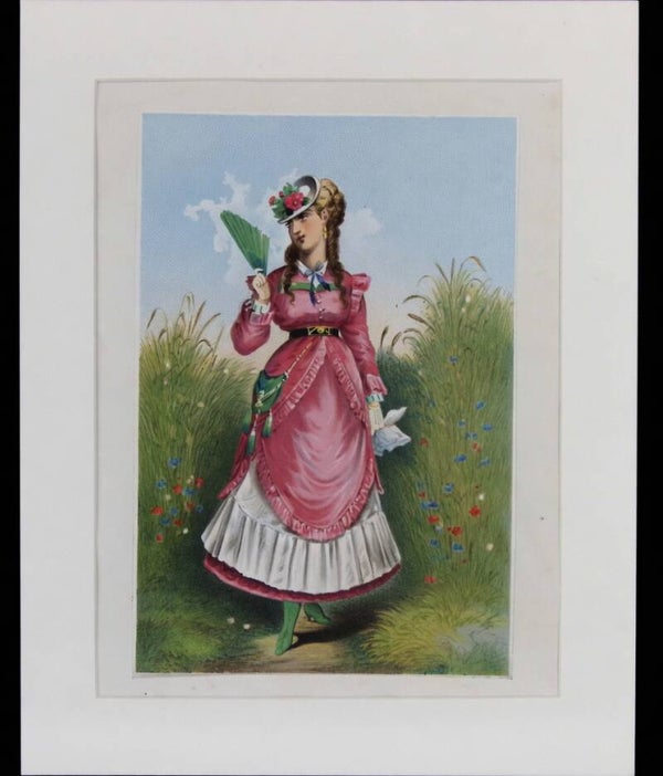 Señorita Victoriana con Abanico - Cromolitografía del Siglo XIX. Moda.