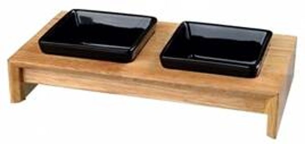 TRIXIE VOERSET KERAMIEK MET HOUTEN ONDERSTEL ZWART