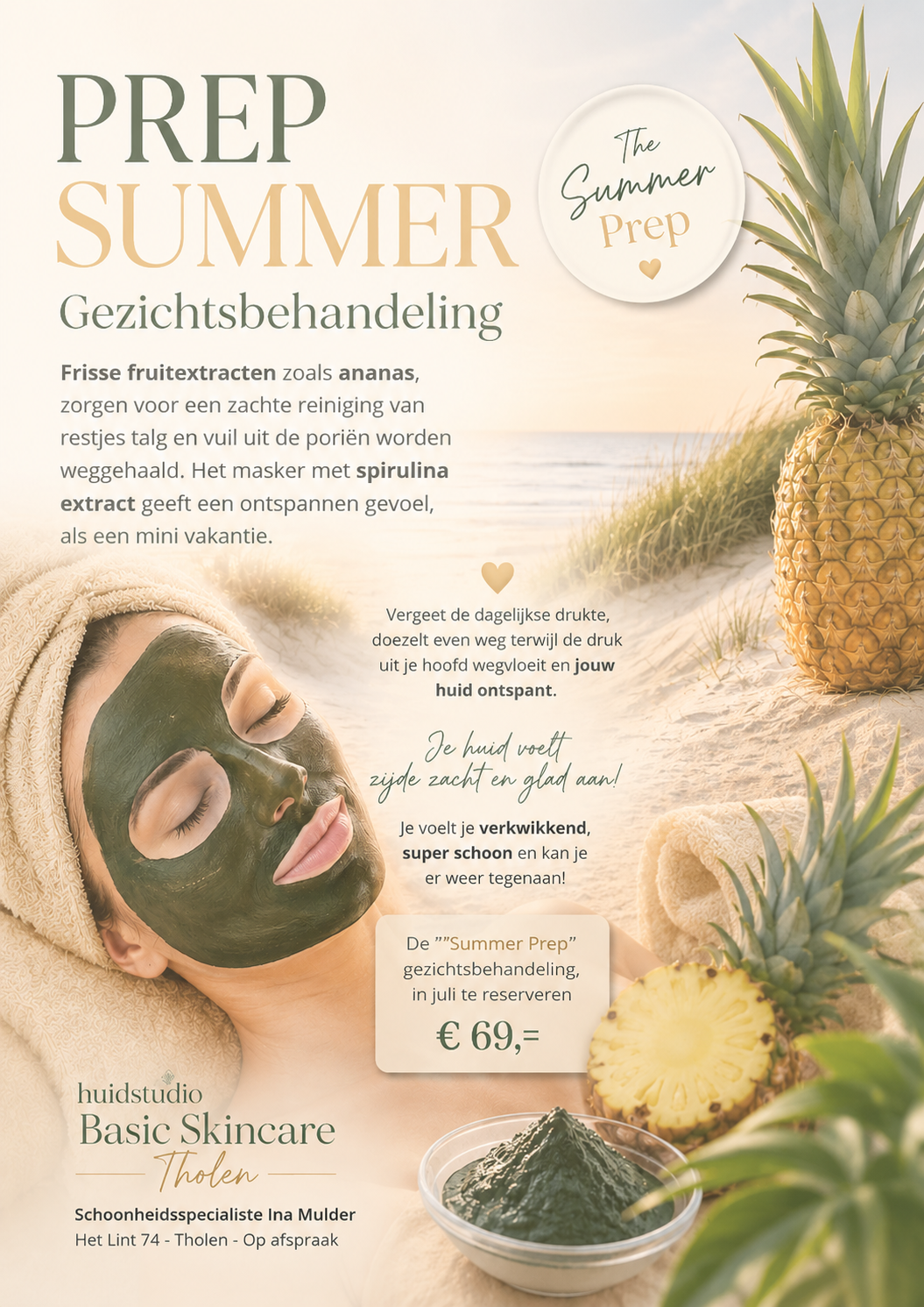Seizoensbehandeling APRIL & MEI 2026 van 59 nu voor 55 euro! Geschikt voor alle huidtypen, huidreiniging en hydraterend inclusief serum, en de klassieke gezichtsmassage voor een vleugje ontspanning