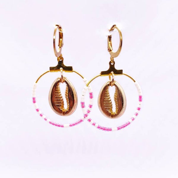 Oorbellen - Ring - White & Pink