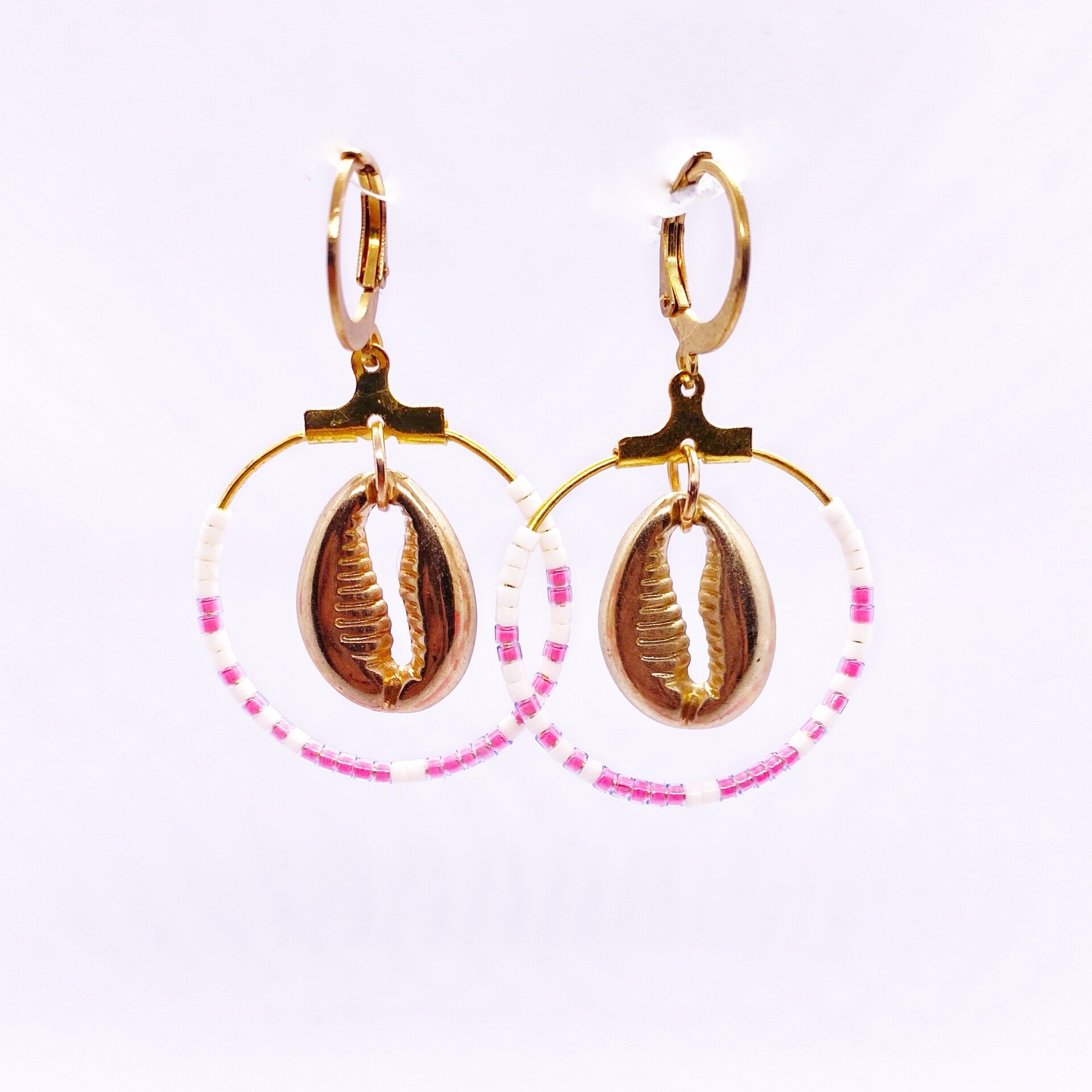 Oorbellen - Ring - White & Pink