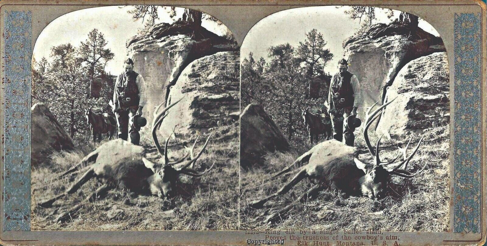 PHOTOGRAPHIE STEREO 3D - SCENE DE CHASSE DANS LE MONTANA - CARTE 178 x 88 mm