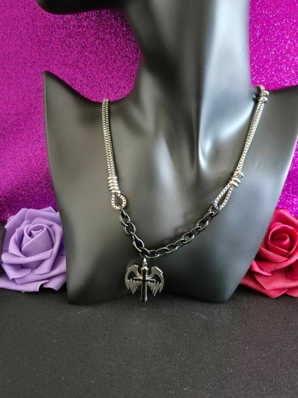 collier plume et croix sacrée - double chaine
