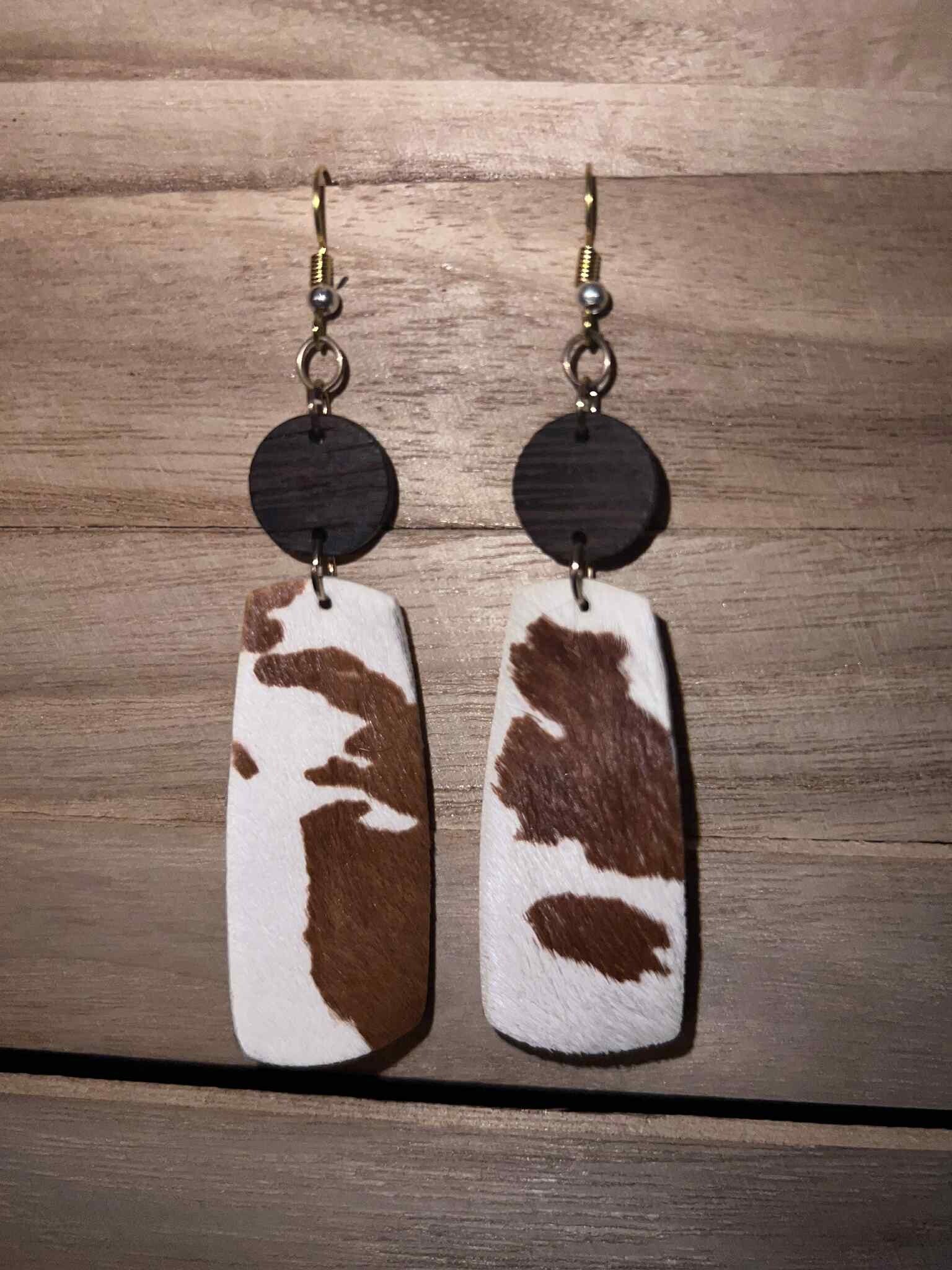 faux cowhide and wood earrings