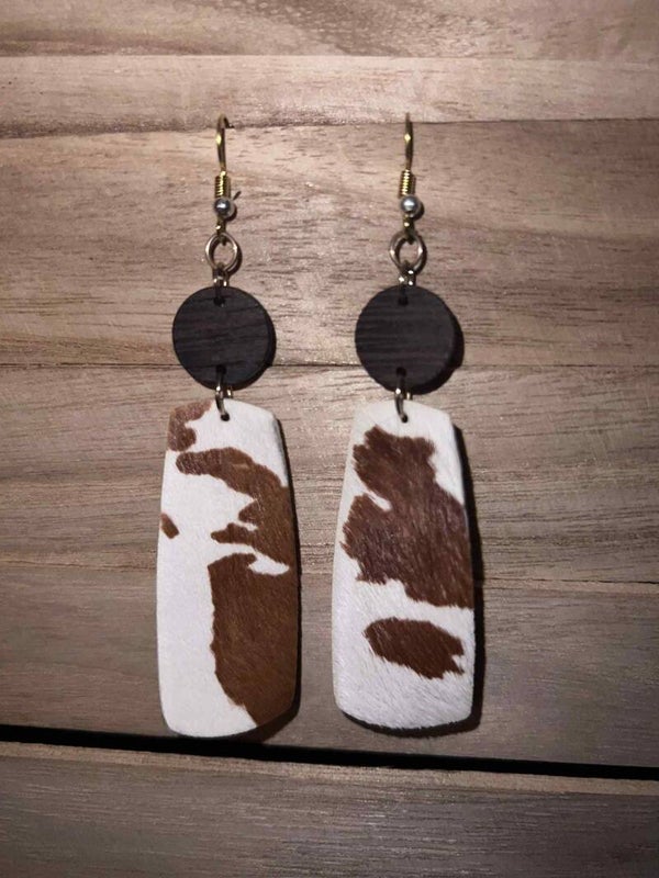 faux cowhide and wood earrings