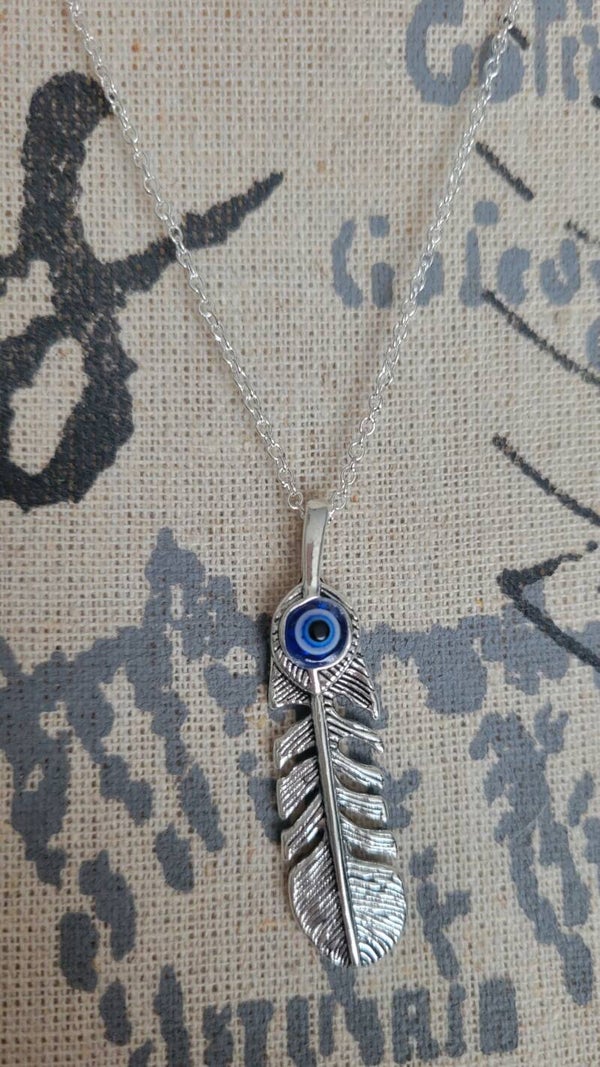 Evil eye feather protection charm necklace