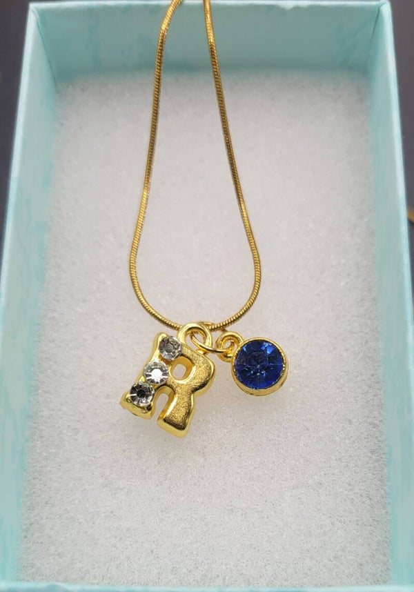 Blue Birthstone and personalised initial on Snake chain