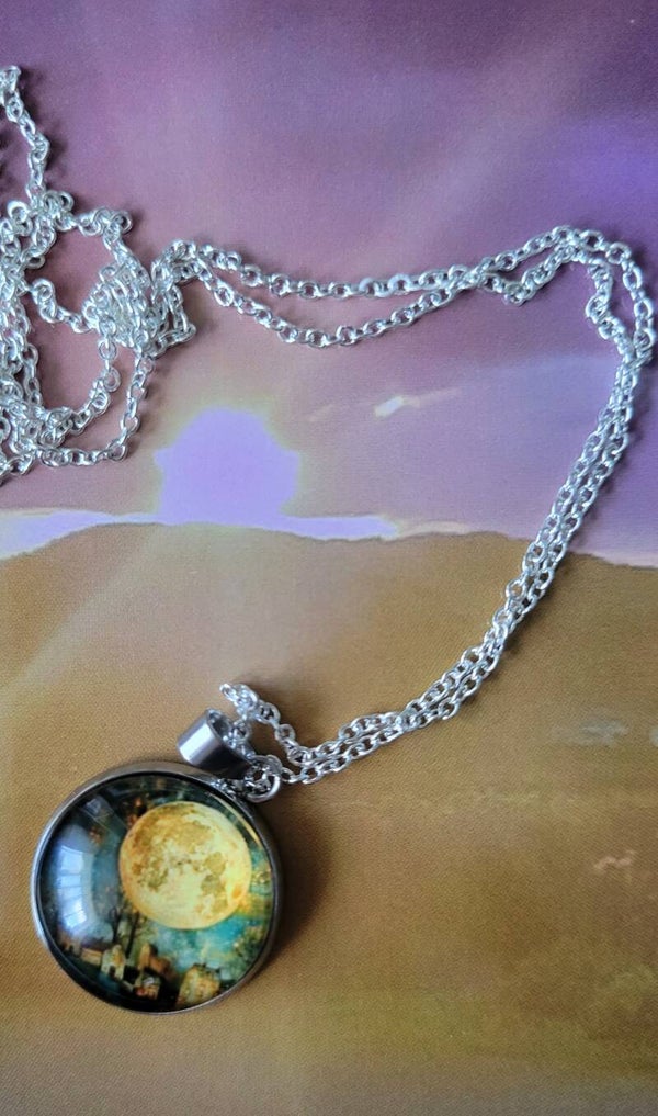 Moon charm shining on homes below