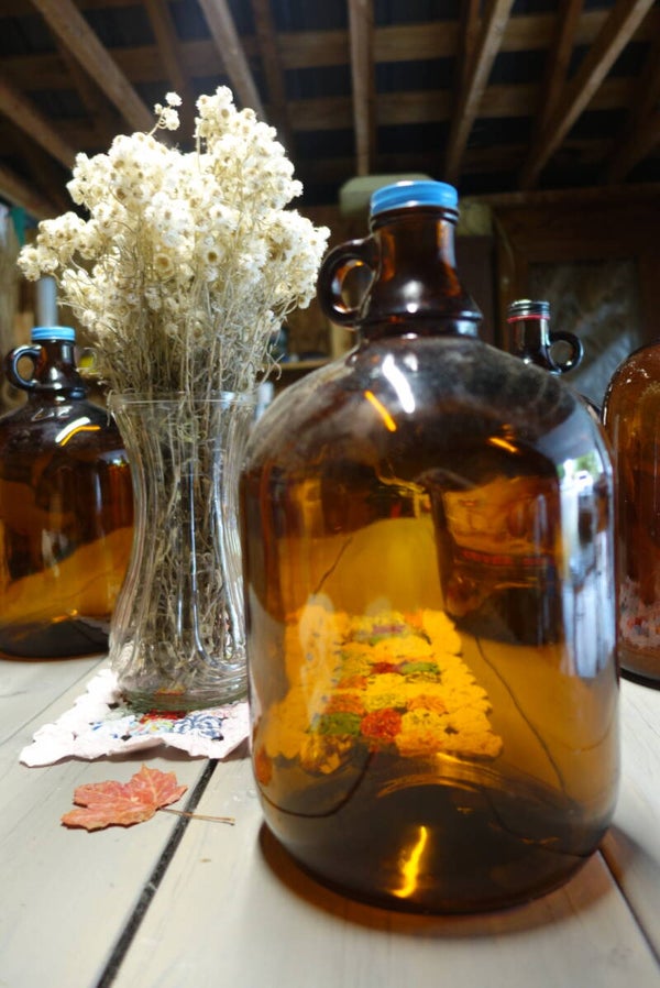 Bouteilles avec bouchon bleu.