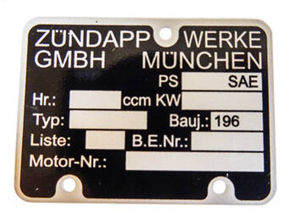 Zundapp Typeplaatje Motor model 196X - Engine type plate Zundapp 1960-