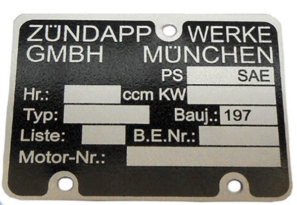Zundapp Typeplaatje Motor model 197X - Engine type plate Zundapp 1970-