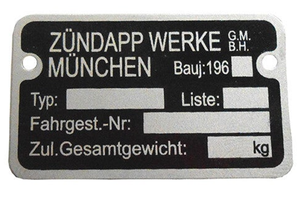 Zundapp Typeplaatje Frame model 19XX