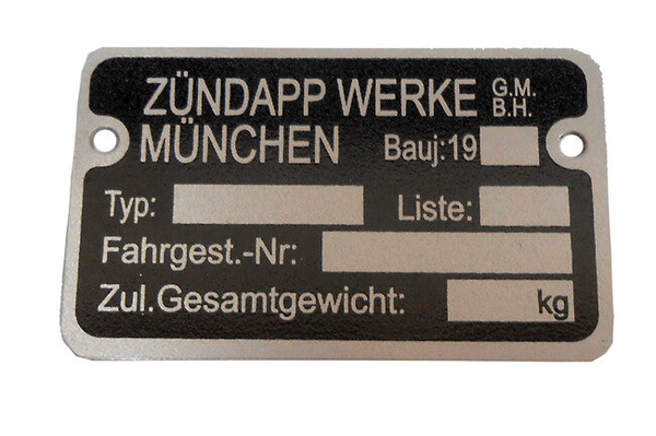 Zundapp Typeplaatje Frame model 19XX FRAME