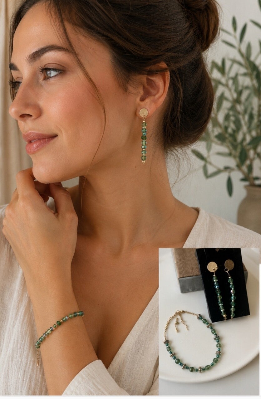 Cristal vert boucle d'oreilles et bracelet