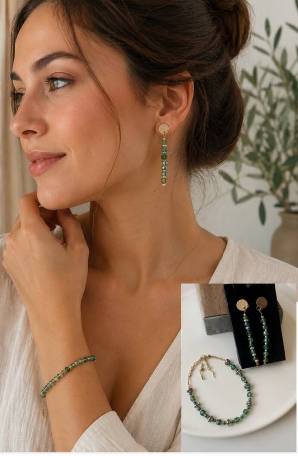 Cristal vert boucle d'oreilles et bracelet